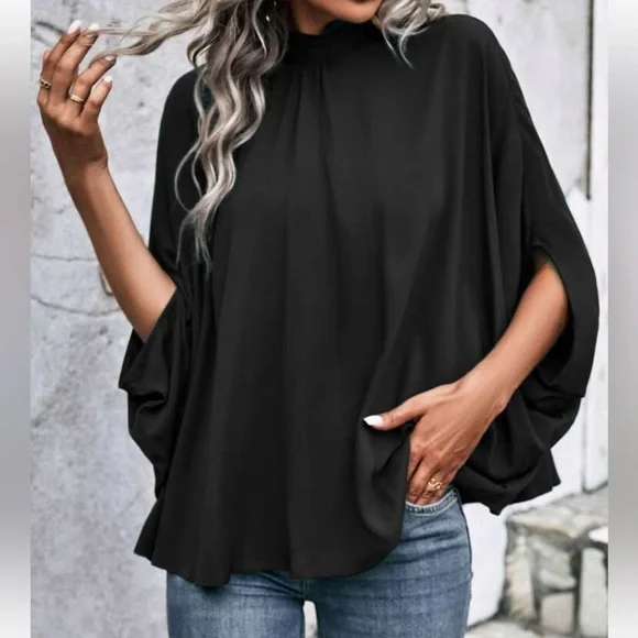 Boho Batwing Sleeve Mock Neck Tie Back Top Blouse Shirt - Picture 3 of 6